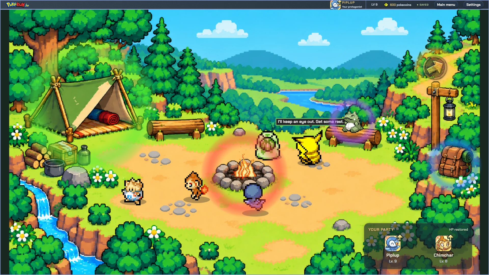Piplup and the party around the campfire, with a companion saying: I’ll keep an eye out. Get some rest.